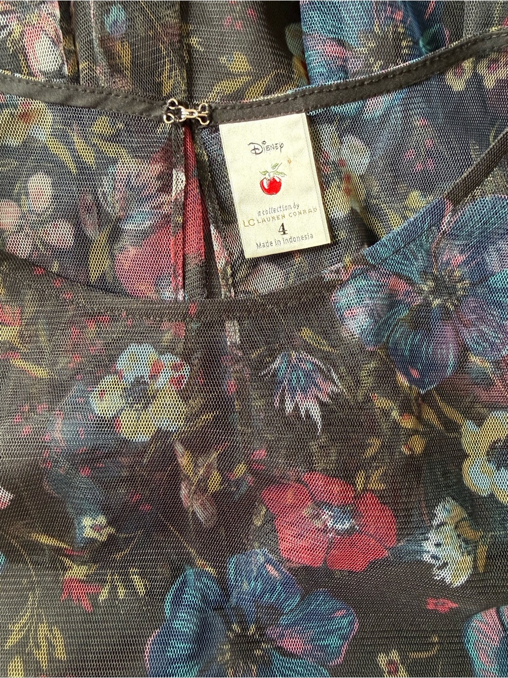 LC Lauren Conrad Disney Floral Mesh Dress Fit Flare Midi Sheer Overlay 4 - Picture 6 of 7